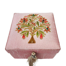 Load image into Gallery viewer, Embroidered pink keepsake box with coral and orange flowers BoutiqueByMariam. 
