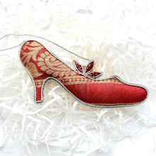 Load image into Gallery viewer, Embroidered red and gold womens shoe Christmas hanging ornament, reverse side, BoutiqueByMariam.
