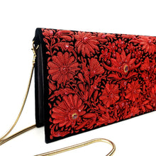 Load image into Gallery viewer, Embroidered red floral clutch bag with rubies, side view, BoutiqueByMariam.
