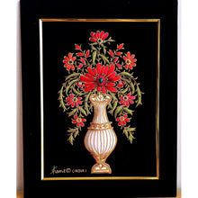 Load image into Gallery viewer, Embroidered red silk flower in white tall vase on black velvet BoutiqueByMariam.
