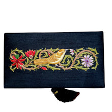 Load image into Gallery viewer, Embroidered sparrow bird in three dimensions on black silk decorative box BoutiqueByMariam.
