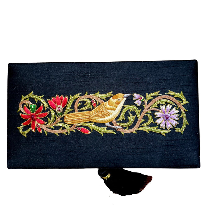 Embroidered sparrow bird in three dimensions on black silk decorative box BoutiqueByMariam.