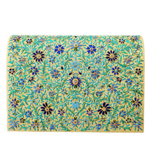 Load image into Gallery viewer, Embroidered turquoise blue floral iPad case briefcase with strap on gold silk BoutiqueByMariam.
