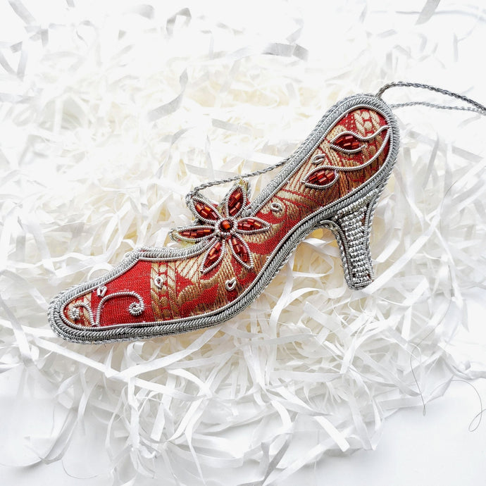 Embroidered womens red and silver shoe Christmas hanging ornament BoutiqueByMariam.