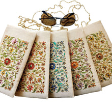 Load image into Gallery viewer, Five gold beige soft sunglasses cases, eyeglasses cases,, hand embroidered with colorful flowers.  
