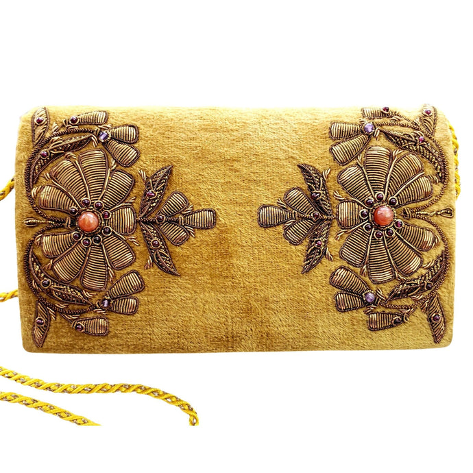 Gold velvet clutch bag with bronze flowers BoutiqueByMariam.