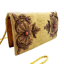 Load image into Gallery viewer, Gold velvet clutch bag with flowers, side view, BoutiqueByMariam. 
