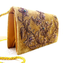 Load image into Gallery viewer, Bronze velvet and bronze clutch bag, side view, BoutiqueByMariam. 
