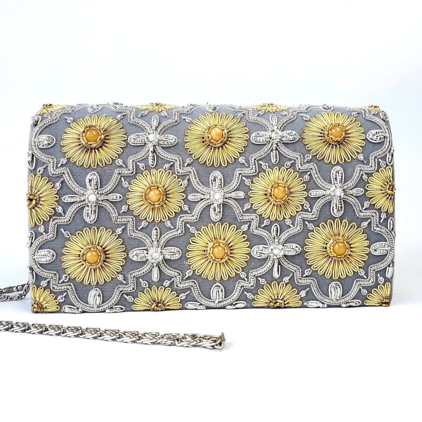 Gold and silver embroidered gray velvet clutch with citrine or moonstone BoutiqueByMariam.