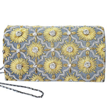 Load image into Gallery viewer, Gold and silver embroidered gray clutch with moonstones BoutiquebyMariam.

