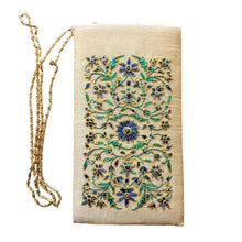 Load image into Gallery viewer, Gold beige phone sleeve with chain hand embroidered with blue flowers, zardozi purse. 

