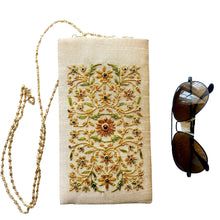 Load image into Gallery viewer, Gold beige soft sunglasses case eyeglasses case hand embroidered with brown flowers and inlaid with gemstones. 
