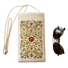 Load image into Gallery viewer, Gold beige soft sunglasses case with chain hand embroidered with red multicolor flowers. 
