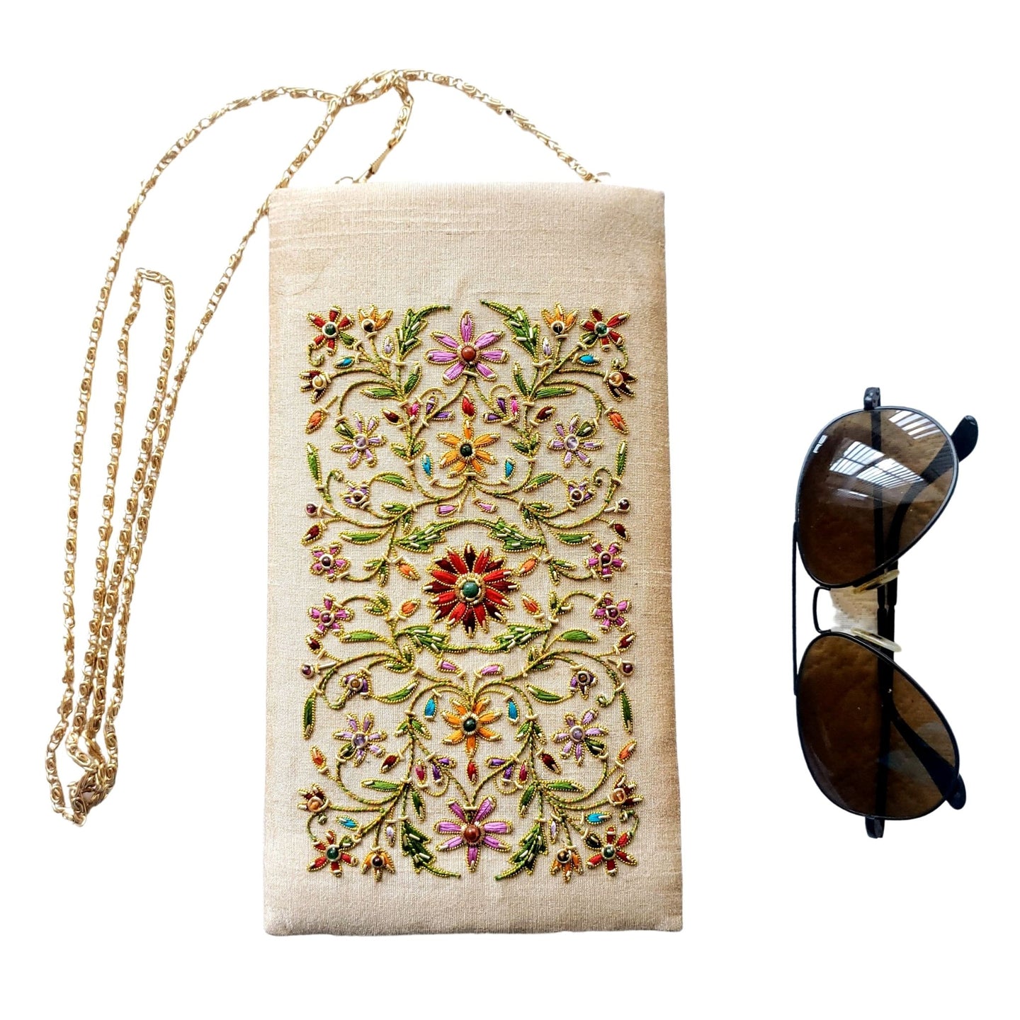 Gold beige soft sunglasses case with chain hand embroidered with red multicolor flowers. 