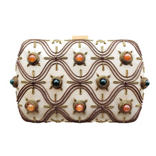 Load image into Gallery viewer, Gold hard case box clutch embroidered with copper and inlaid with jade and carnelian gemstones.
