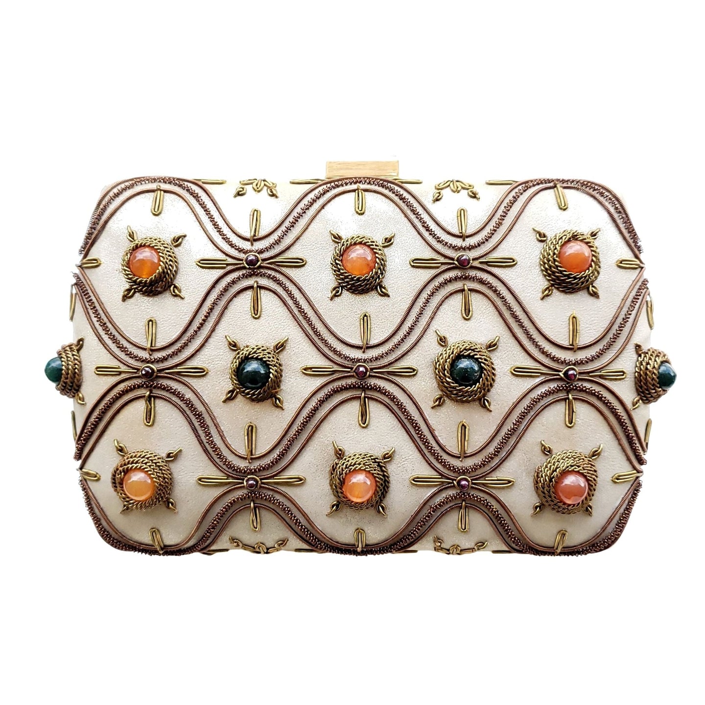 Gold hard case box clutch embroidered with copper and inlaid with jade and carnelian gemstones.