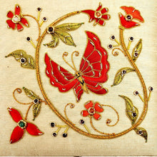 Load image into Gallery viewer, Gold silk jewelry box with red embroidered butterfly BoutiqueByMariam. 
