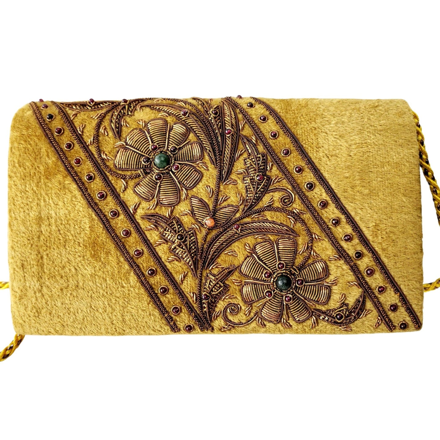 Gold velvet embroidered clutch with bronze flowers BoutiqueByMariam.
