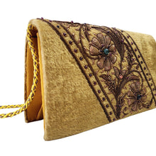 Load image into Gallery viewer, Gold velvet embroidered clutch side view BoutiqueByMariam.
