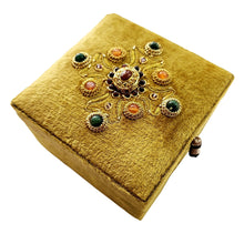 Load image into Gallery viewer, Gold velvet small jewelry box embroidered with gold and inlaid with gemstones BoutiqueByMariam.
