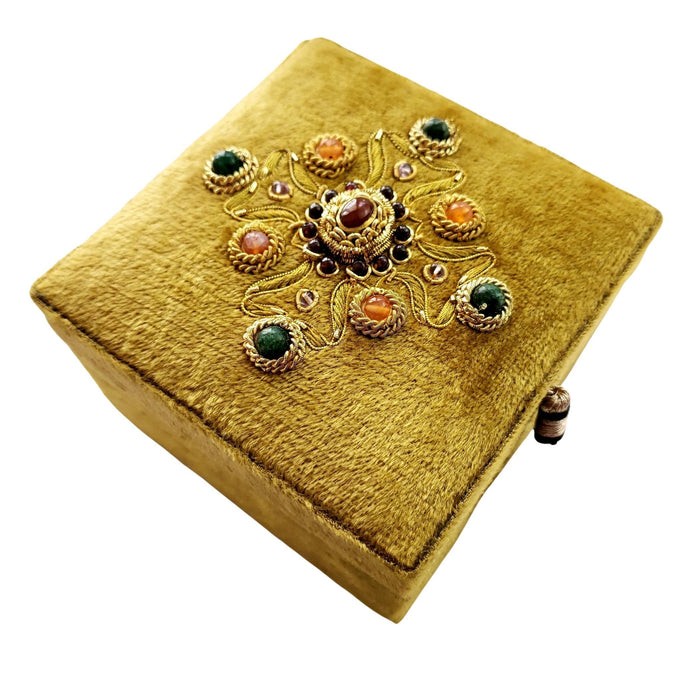 Gold velvet small jewelry box embroidered with gold and inlaid with gemstones BoutiqueByMariam.