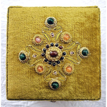 Load image into Gallery viewer, Gold velvet small rosary box hand embroidered with gold cross and inlaid with gemstones BoutiqueByMariam. 
