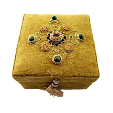 Load image into Gallery viewer, Gold velvet small square keepsake box embroidered with gemstones BoutiqueByMariam.
