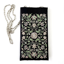 Load image into Gallery viewer, Gray floral embroidered black silk crossbody phone sleeve phone pouch BoutiqueByMariam. 
