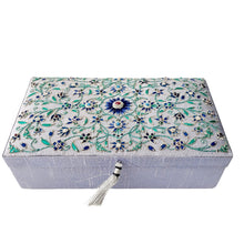 Load image into Gallery viewer, Gray silk bridal keepsake box embroidered with blue flowers, top view, BoutiqueByMariam.
