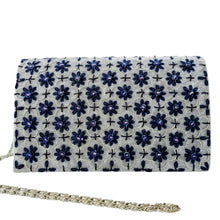 Load image into Gallery viewer, Gray velvet clutch bag embroidered with dark blue flowers and inlaid with amethyst gemstones. 
