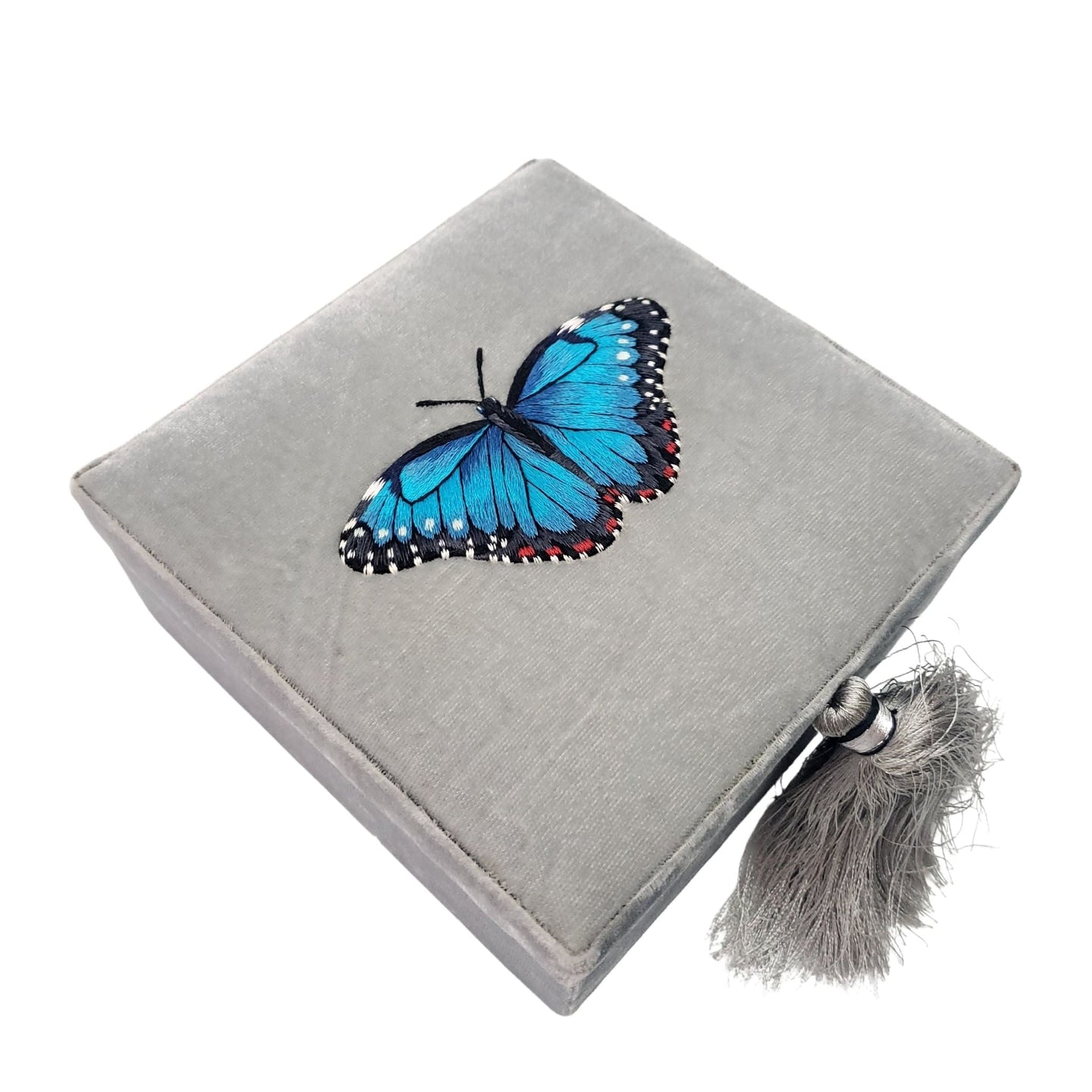 Gray velvet square gift box embroidered with blue morpho butterfly BoutiqueByMariam. 