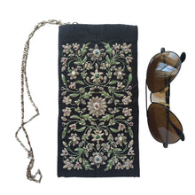 Load image into Gallery viewer, Hand embroidered black and gray floral eyeglasses case sunglasses case with chain, zardozi crossbody bag. 
