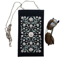 Load image into Gallery viewer, Hand embroidered black and white floral sunglasses case, eyeglasses case, with chain.
