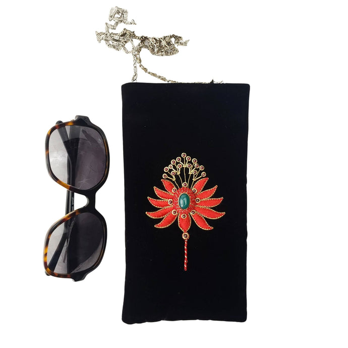 Hand embroidered black velvet eye glasses case or sun glasses case with chain, with red flower inlaid with green onyx, zardozi.