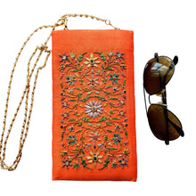 Load image into Gallery viewer, Hand embroidered orange silk eyeglasses cases, sunglasses cases, with multicolor flowers, zardozi purse.
