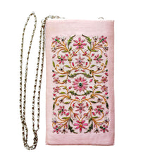 Load image into Gallery viewer, Hand embroidered pink slim crossbody bag phone sleeve with pink flowers.
