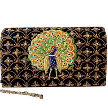 Load image into Gallery viewer, Hand embroidered zardozi peacock on black velvet evening clutch bag.
