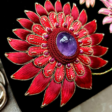 Load image into Gallery viewer, Hand embroidered zardozi red flower with central amethyst cabochon BoutiqueByMariam. 
