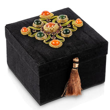 Load image into Gallery viewer, Handmade black silk jewelry box embroidered with gold and inlaid with jade, carnelian and garnet gemstones.
