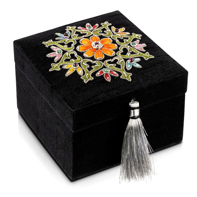 Handmade luxury black silk small jewelry storage box embroidered with orange flower and inlaid with ruby gemstone.