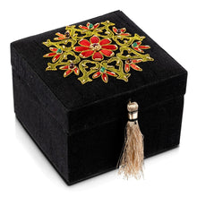 Load image into Gallery viewer, Handmade small square luxury silk jewelry storage box embroidered with red flower and central ruby.
