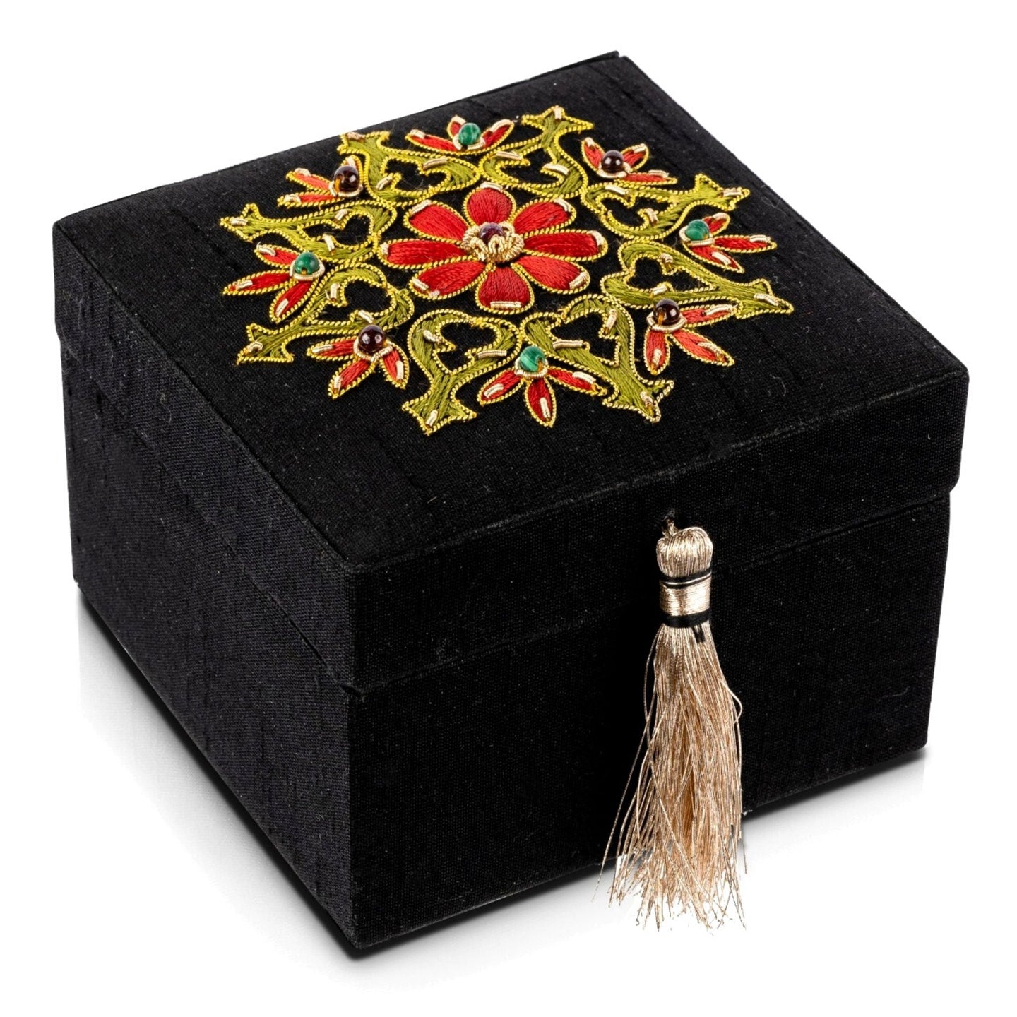Handmade small square luxury silk jewelry storage box embroidered with red flower and central ruby.