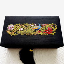 Load image into Gallery viewer, Heirloom silk keepsake box embroidered with peacock, decorative bird box. 
