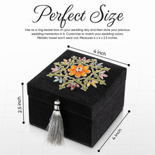 Load image into Gallery viewer, Infographic of handmade black square jewelry storage box showing dimensions. 
