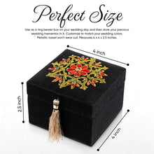 Load image into Gallery viewer, Infographic of size of black keepsake box embroidered with red flower.
