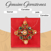 Load image into Gallery viewer, Infographic of top of keepsake box showing jade carnelian garnet gemstones. 
