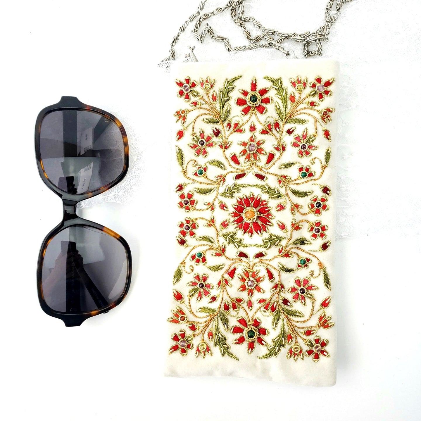 Ivory velvet soft glasses case embroidered with red flowers BoutiquebyMariam.