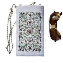 Load image into Gallery viewer, Lavender gray soft sunglasses case hand embroidered with gray flowers. 
