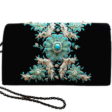 Load image into Gallery viewer, Luxury black velvet evening bag embroidered with turquoise and silver flower and inlaid with turquoise gemstone BoutiqueByMariam.
