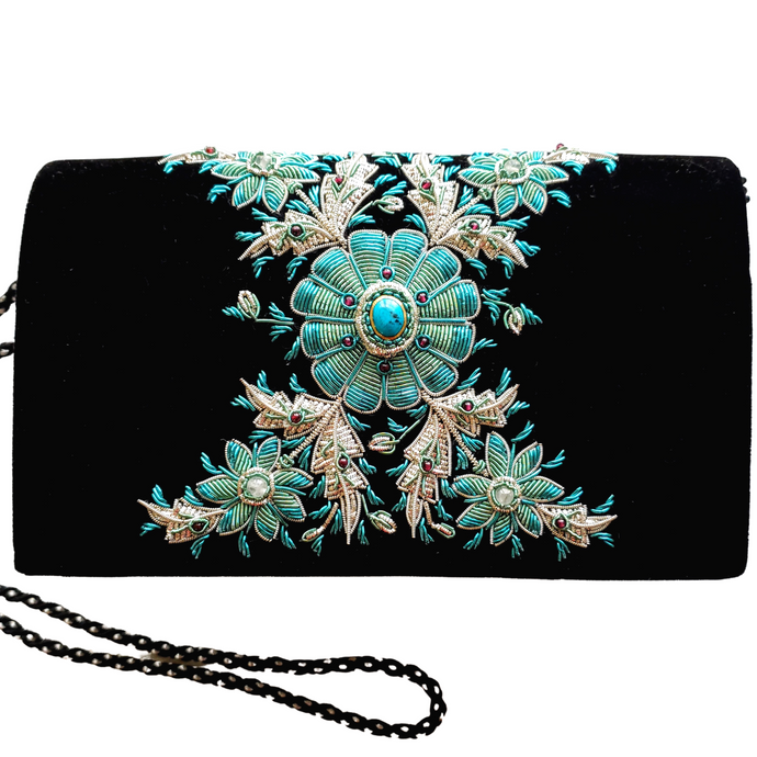 Luxury black velvet evening bag embroidered with turquoise and silver flower and inlaid with turquoise gemstone BoutiqueByMariam.